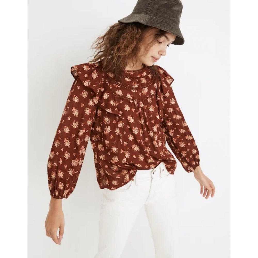 Madewell Floral Print Ladder-Trim Ruffle Top Long Sleeve‎ Boho Blouse